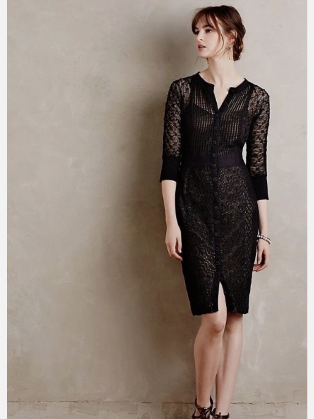 Anthropologie Beguile Byron Lars Mona Dress / Black Lace Button-Front Midi Dress